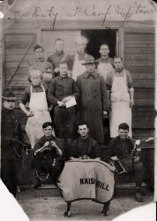 I found this photo in a collection of my mother's family. She had several uncles who may have been the right age to be dough boys, although I'm vague on the family military history. Taken at Camp Upton on Long Island. View full size.
Curtains for BillCan't help but wonder is poor old Kaiser Bill ready for the chop.
Good to see Sean Penn there in the front row, middle.
(ShorpyBlog, Member Gallery)