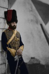 Captain Thomas Longworth Dames in 1855 during the Crimean War.  Notes on the original image say that he was with the Royal Artillery but his uniform appears to be that of the Royal Horse Artillery.
The original is courtesy of the Fenton Crimean War Photographs collection at the Library of Congress. View full size.
(Colorized Photos)