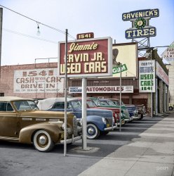 Colorized from this Shorpy original. View full size.
License PlatesNice colorization! I wondered this when I first saw this photo in b&amp;w...why do used cars on a used car lot have license plates on them? The dealer usually keeps a "dealer plate" or two in his desk drawer to use when taking the car out for a test drive; even back in the 40s.
[In California, the plates stay with the car. -tterrace]
Thanks tterrace...okay! Now I remember that it's a big deal when vintage car owners mention a "black plate" California car.
(Colorized Photos)