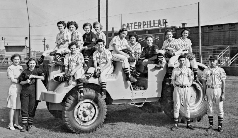 The Caterpillar Dieselettes, from Mary Maxine's (Schutt) scrapbook. "Max" played from 1943 to '46. Also featured are Irene "Pepper" Kerwin and catcher Marian Kneer, pitcher Marie Wadlow, outfielder Carolyn Thome and second baseman Shirley Coney.
The Dieselettes are the oldest continuous softball team in America, playing since 1930. They were known as the Caterpillar Girls from 1930 to 1993, the Caterpillar Dieselettes from 1933-1955, the Sunnyland Lettes from 1956 to 1958, and became the current Pekin Lettes in 1959.
