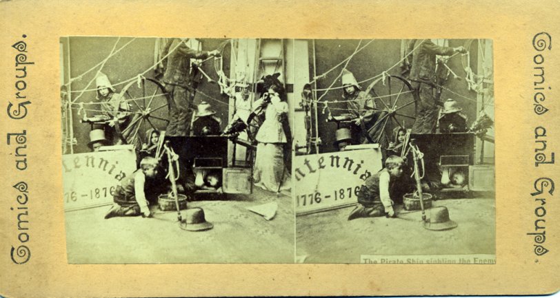 Stereo pair, 1876 (unknown photographer &amp; publisher): "The Pirate Ship Sighting the Enemy"
