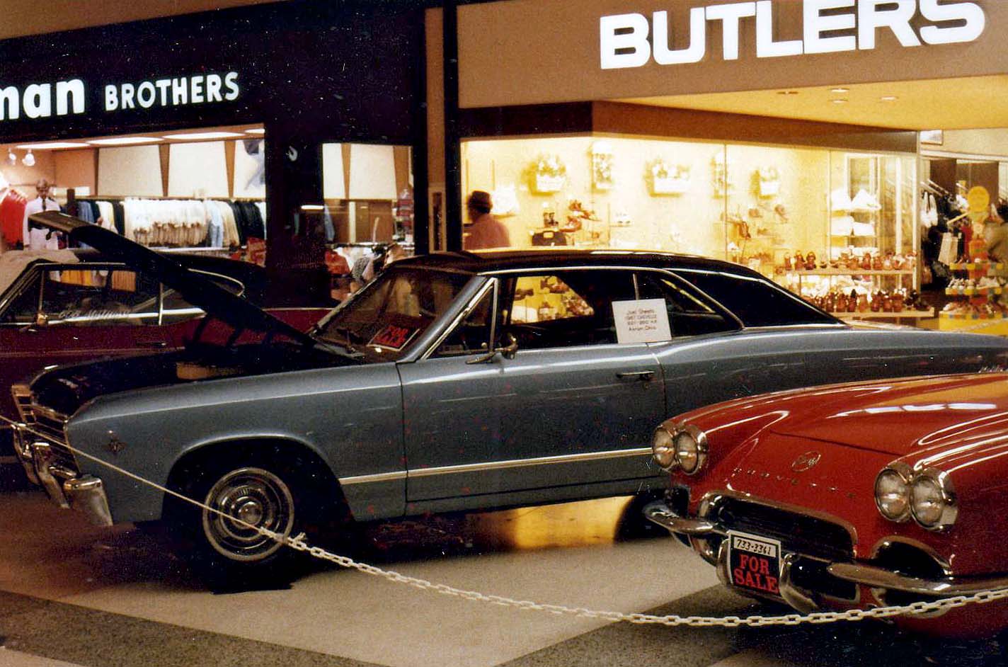 Car show at Chapel Hill Mall in Akron, Ohio, 1977. My friends and I put our cars in this show. This mall recently lost it's last Anchor and shut down for good. View full size.