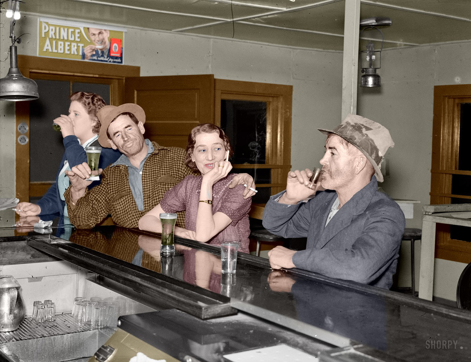 Colorized from Shorpy's files.  September 1937. Craigville, Minnesota. "Saturday night in a saloon." Medium format negative by Russell Lee, Farm Security Administration.  View full size.
