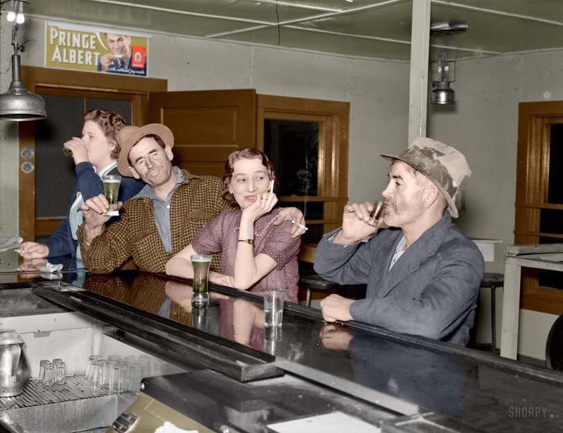 Colorized from Shorpy's files.  September 1937. Craigville, Minnesota. "Saturday night in a saloon." Medium format negative by Russell Lee, Farm Security Administration.  View full size.
