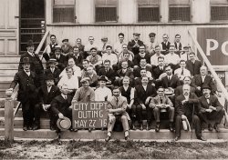 Men from the New York City Fire Department taking a well-deserved day of recreation. I believe my great-grandfather is the one standing at the left with his hand on the banister finial. View full size.
(ShorpyBlog, Member Gallery)