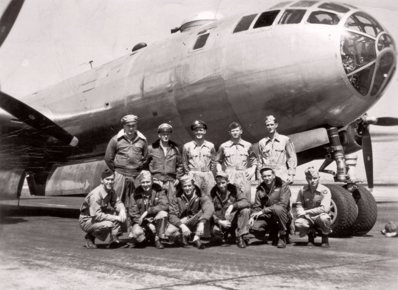 WW2 B-29 bomber with flight crew taken at Walker AFF in Kansas in 1944 during training before leaving to Guam to join the 459th Bombardment Squadron. The 459th BS was part of the 330th Bomber Group which was part of the 314th Bombardment Wing. This crew served 16 missions over Tokyo.
On the 16th mission on June 11, 1945 a Japanese fighter fired an automatic cannon and the explosive shell blew a four foot diameter hole in the outboard section of the left wing. Pilot Massopust regained control of the disabled aircraft when additional attacks from Japanese fighters disabled the both forward turrets and injured Bombardier Nowicki. Aircraft Commander Duty pulled Nowicki from the bombardier position and administered life saving assistance. Massopust kept the aircraft stable throughout the return flight back to the base in Guam for which he won the Distinguished Flying Cross.
I got this story from the son of a friend of Massopust who served with him in Guam. Please look at his website and you can learn a lot about those who served on Guam during the war. I own this photograph as part of my WW2 collection of our war heroes, and the back side has the signatures of the crew shown on the front. I am happy to share it with anyone. View full size.
