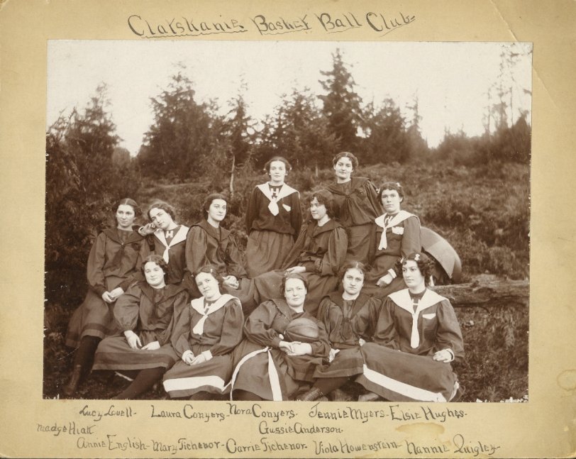 The Clatskanie, Oregon, girls' basketball club, circa 1895. My grandmother Jennie Myers (1877-1934) is at the upper right, a few years before she married my grandfather. There were only about 100 families in this little logging town, so it's interesting to me that they had enough girls of the right age for a couple of teams. View full size.
