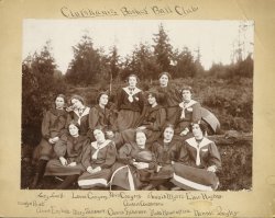 The Clatskanie, Oregon, girls' basketball club, circa 1895. My grandmother Jennie Myers (1877-1934) is at the upper right, a few years before she married my grandfather. There were only about 100 families in this little logging town, so it's interesting to me that they had enough girls of the right age for a couple of teams. View full size.
(Member Gallery)