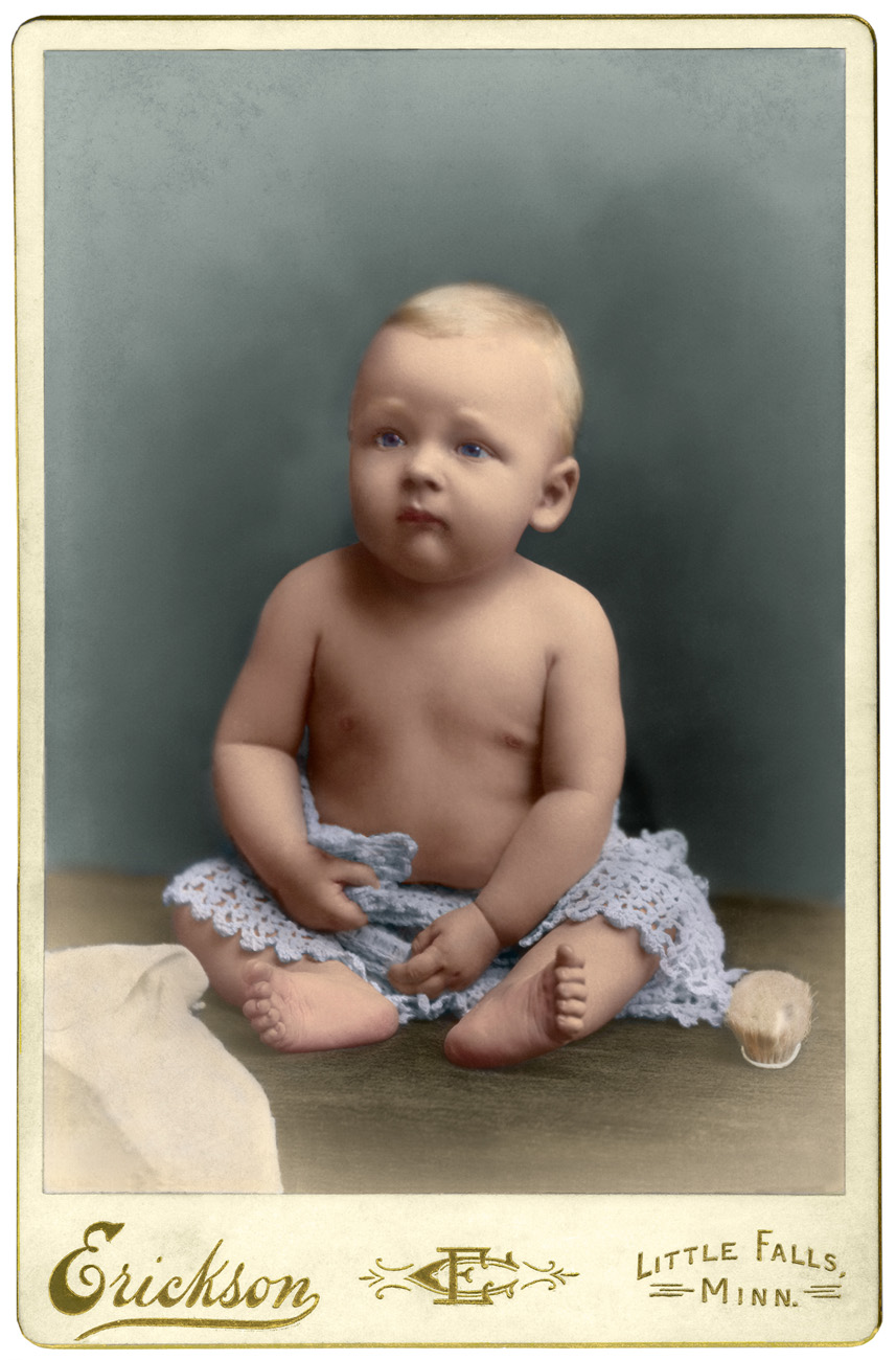 Colorized from a Black & white cabinet card here . [Jay] Claude Hosch b. 1890 Minnesota, adopted son of Nellie Rosetta Rogers and Phillip Hosch of Wisconsin. Nellie is the younger sister of my great-grandmother Eva Livona Rogers. He's just beautiful and so sweet. This image is part of my family archive. View full size.