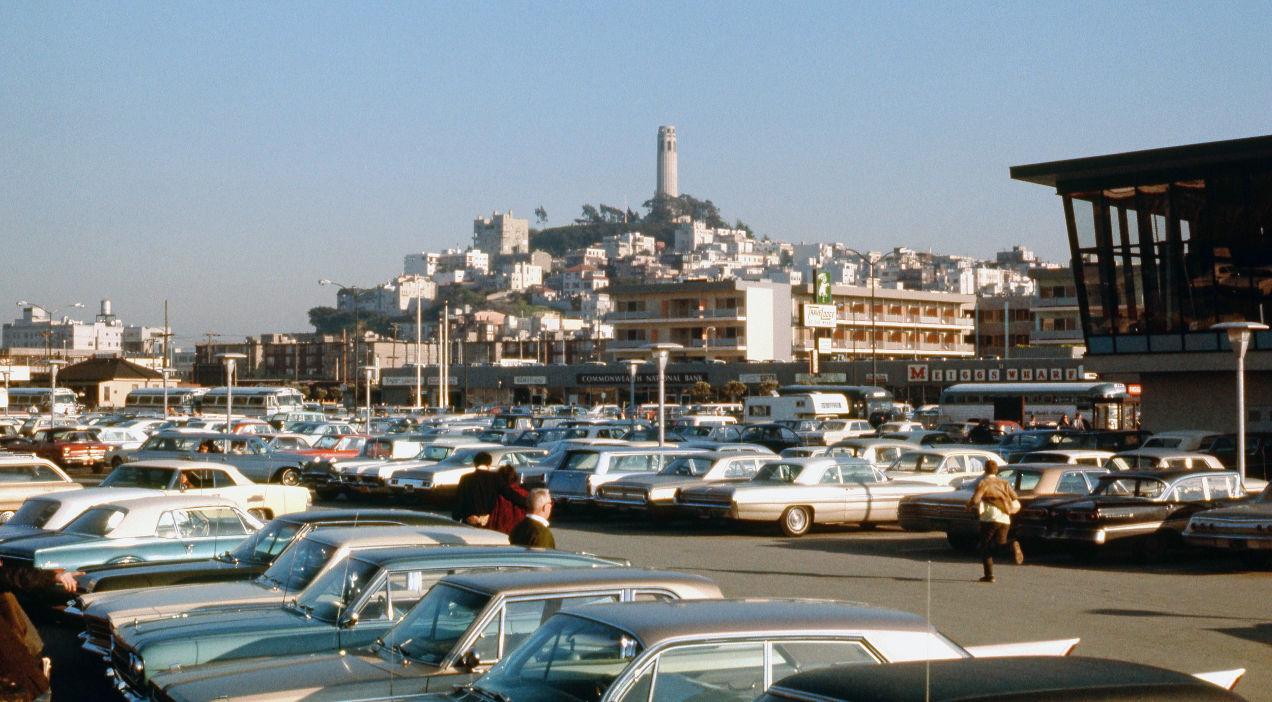 San Francisco's Coit Tower from a parking lot vantage point, March 1969. Taken with a Pentax 35 mm SLR camera. View full size.