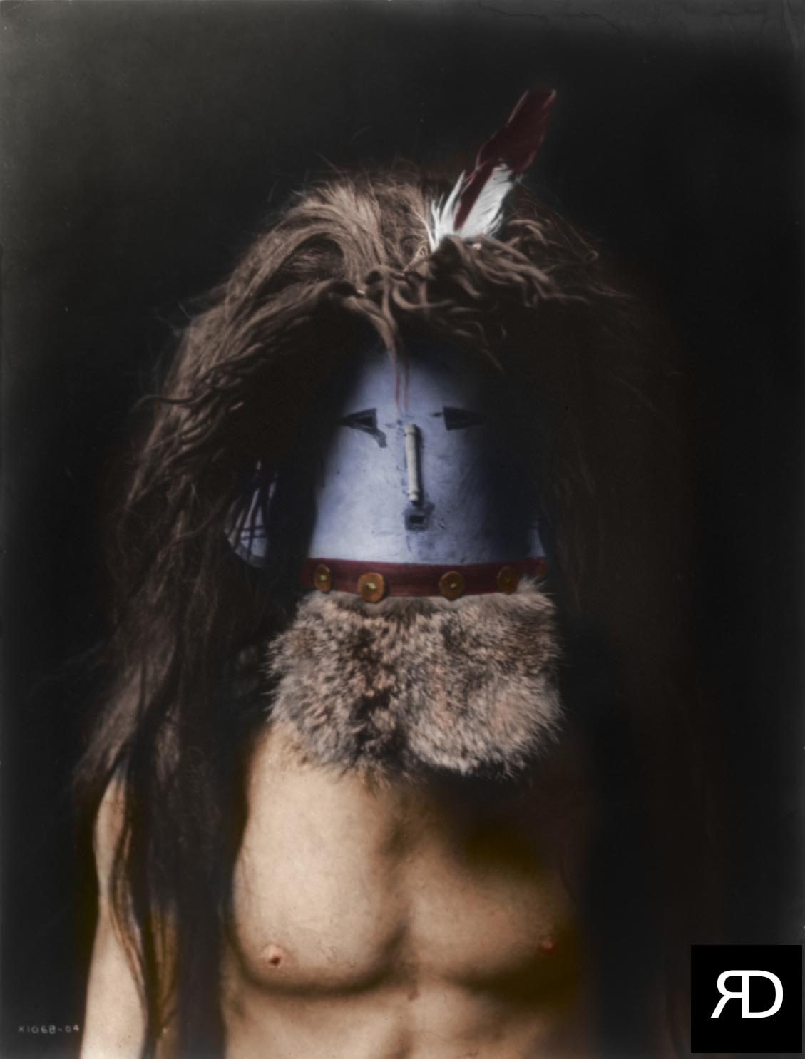 My color version of a Navajo Indian wearing a mask of Haschebaad. The original photo was taken in 1905 by Edward Curtis and is part of his book The North American Indian Volume 1. 