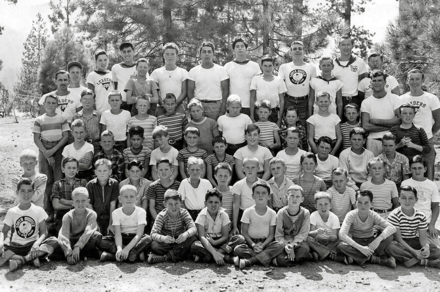Back in 1946 at Big Bear Lake, California. I was still in high school and in the summer break I spent two weeks at camp with the young boys as a cabin leader. This might be something missing these days. I'm in the back row fourth from the left. View full size.