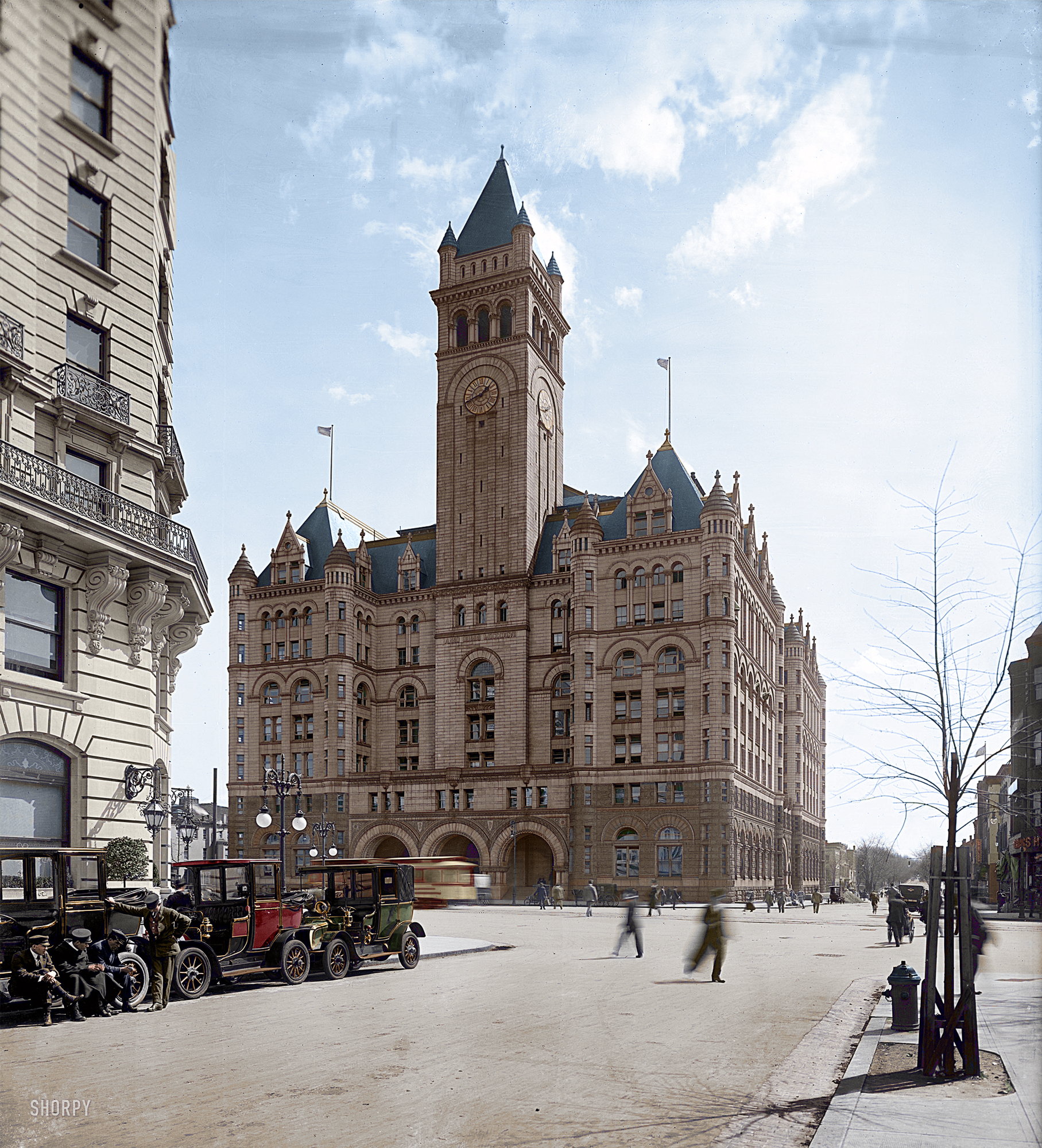 This is a recolor of the Shorpy image here. Thought I'd take a crack at it in anticipation of the Trump Hotel renovation when he stamps his brand on it. I'm hopeful Trump will maintain the integrity and look of the one-of-a-kind exterior. It is after-all on the National Register of Historic places. I used a 1911 Renault Parisian taxi (the green car) and the 1910 Ford Model T Limo for the burgundy car. The black one looks larger more elegant Model T Limo. I found one postcard reference for a regular streetcar, not the mail car referenced in a previous comment on the original image.  View full size.
