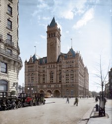 This is a recolor of the Shorpy image here. Thought I'd take a crack at it in anticipation of the Trump Hotel renovation when he stamps his brand on it. I'm hopeful Trump will maintain the integrity and look of the one-of-a-kind exterior. It is after-all on the National Register of Historic places. I used a 1911 Renault Parisian taxi (the green car) and the 1910 Ford Model T Limo for the burgundy car. The black one looks larger more elegant Model T Limo. I found one postcard reference for a regular streetcar, not the mail car referenced in a previous comment on the original image.  View full size.