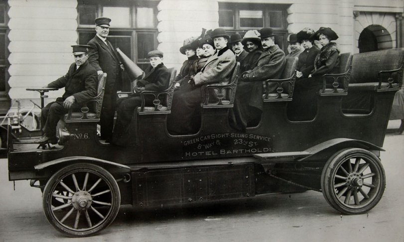 I bought this framed photograph at a garage sale. The vehicle appears to be a Lansden Electric. Apparently the photo was taken on a cold day in New York because the passengers are wearing heavy coats and all have rugs over their knees. The Hotel Bartholdi, it seems, was well known in the period, and a search reveals that the Green Car Sight-Seeing Service made photographs available to patrons. This one is 27 inches by 16 inches. I would like to know more about Green Car, the Hotel, and Lansden. View full size.
- Roverdriver in Australia 
