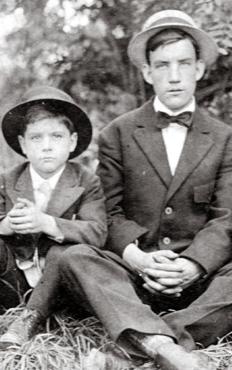 My Dad (at left) and his half-uncle Clayton MacNeal in a field somewhere in northern New Jersey in about 1912. They are probably on the estate of one of the Childs brothers of the then-popular restaurant firm. My Dad was an only child who lost his father when he was less than 2 years old, so Clayton became all but a big brother to him while they were growing up. Clayton worked for the Childs chain for many years beginning in about 1916 in New York City, married in 1927 and again in about 1938, and had a life-long career in the food service and hospitality business in locations all over the country. He died in Los Angeles in 1959. 