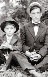 My Dad (at left) and his half-uncle Clayton MacNeal in a field somewhere in northern New Jersey in about 1912. They are probably on the estate of one of the Childs brothers of the then-popular restaurant firm. My Dad was an only child who lost his father when he was less than 2 years old, so Clayton became all but a big brother to him while they were growing up. Clayton worked for the Childs chain for many years beginning in about 1916 in New York City, married in 1927 and again in about 1938, and had a life-long career in the food service and hospitality business in locations all over the country. He died in Los Angeles in 1959. 
(ShorpyBlog, Member Gallery)