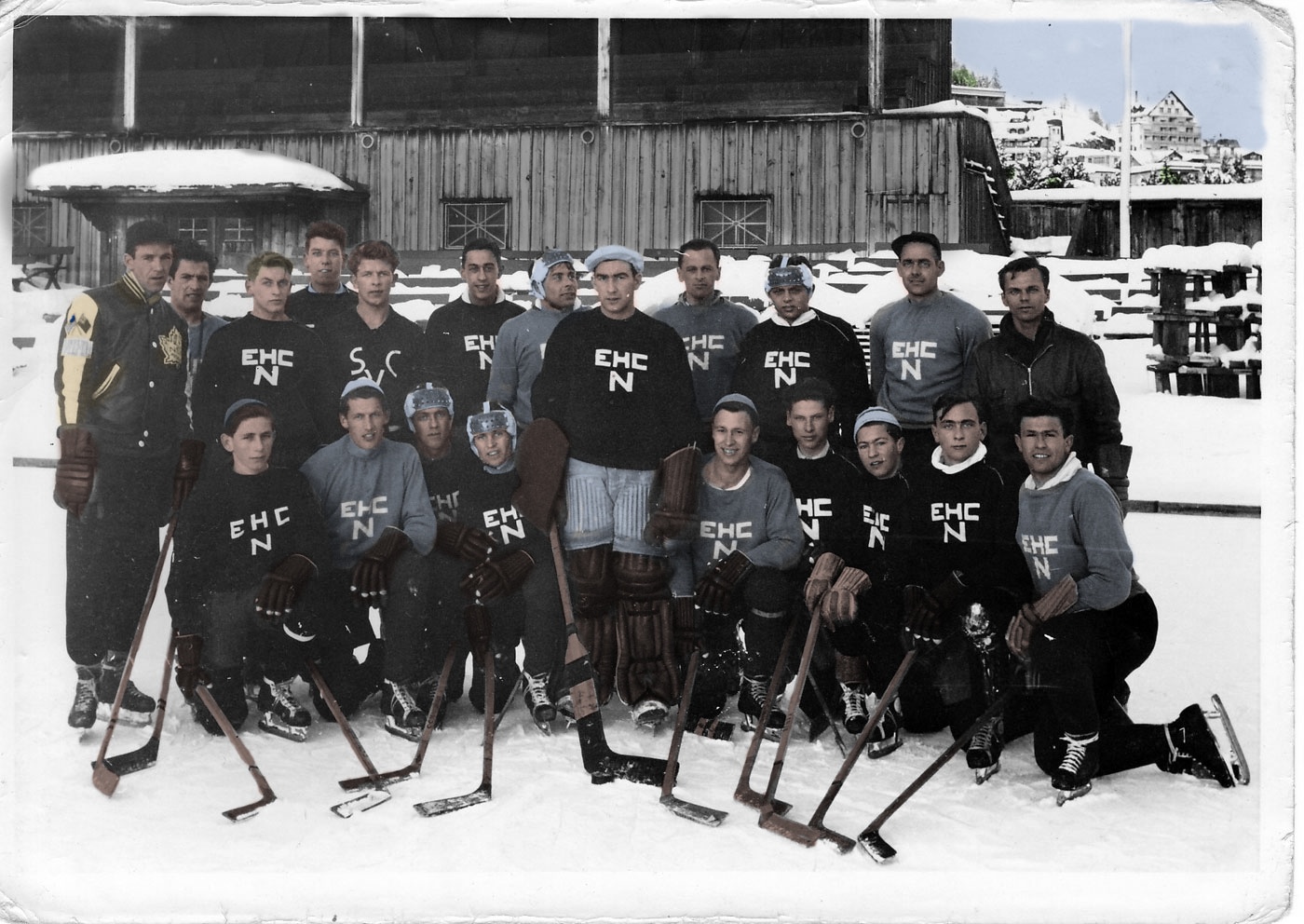 My Dad (top row, third from left) and his team EHC Niederrohrdorf in Davos/Switzerland, 1952. The goaltender is my uncle Walter. Colorized photo. View full size.