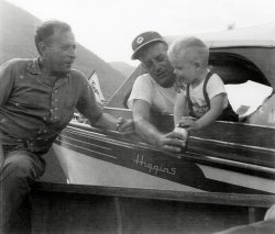 This photo was in an album purchased at an estate sale in Birmingham, Alabama. The photos were taken in Washington state around 1957. I can't make out whether the little boy in the photo is grabbing his dad's beer or soda pop. View full size.
Higgins BoatsHiggins boats are famous because they made the landing craft boats that were used in WW2 for D-Day assault on the Normandy beaches as well as other amphibious operations during the war. After the war they also made pleasure craft.
(ShorpyBlog, Member Gallery)