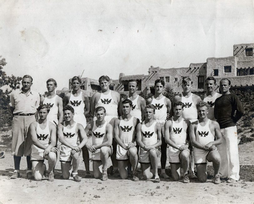 My dad, Robert Ross, was on the track team at Montezuma Mountain Ranch School, Los Catos, California. He graduated in 1933; so this is 1929-1933. He is second from the right, kneeling. View full size.
