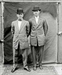 We found a box of 4X5 glass plate negatives in my parents' basement years back.  Here's a scan of one dating back to around 1910 - 1915.  We have no idea who these two gents are.  We're assuming the photographer was somebody in my family.  Pics were taken in and around the Detroit, Michigan. View full size.
(ShorpyBlog, Member Gallery)