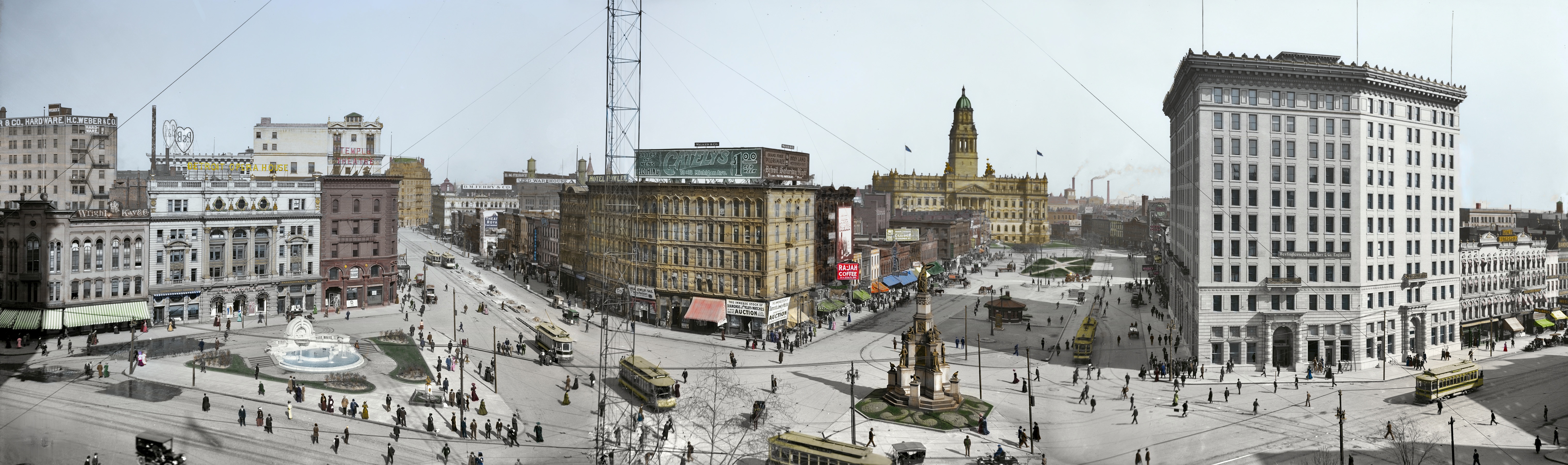 Downtown Detroit circa 1907. Black and white image made up of three 8x10 glass negatives was originally posted by Dave on Shorpy website 2/4/2012. View full size.