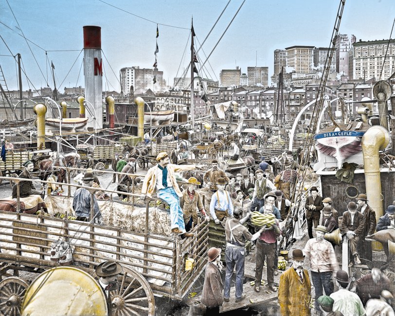From original Shorpy image. This was quite a challenge for me to do; so many small images of men on the dock, so few color varieties. Someone commented that the ship partially shown on the right, the Disa, was sunk during WWI with, fortunately, no casualties being suffered. View full size.
