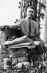 Donald Jenne of Minneapolis embarking on his camping and land prospecting explorations of the North Woods of Wisconsin. Approx. 90 miles south of Duluth in the Hayward area is Lac Court Oreilles where he eventually purchased land. He is 19. Photo taken with his new Kodak No.3A Special Folding camera. Scan of a print from his scrapbook. View full size.
(ShorpyBlog, Member Gallery)