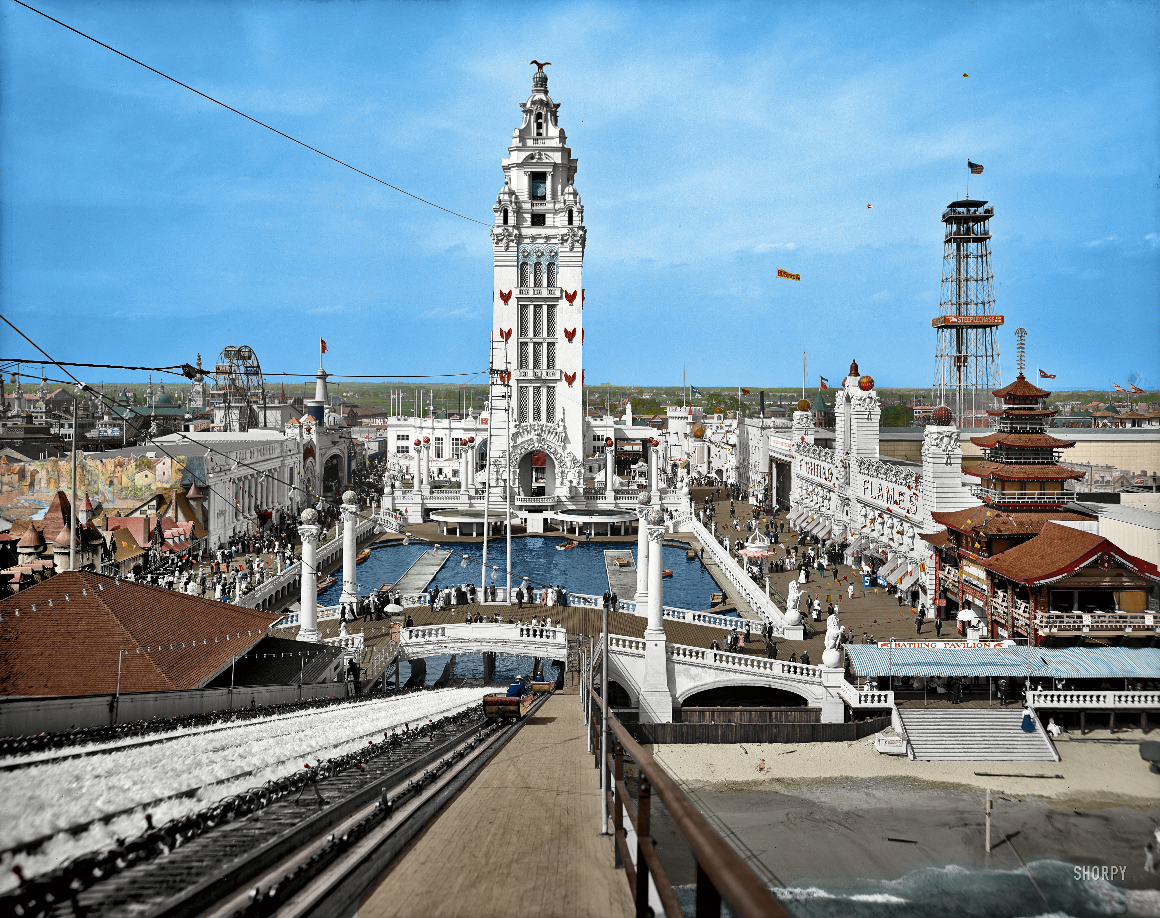 New York circa 1905. "Dreamland Park, Coney Island" (original image). It's hard to believe it all burned to the ground. This was one heck of a coloring job but I was  intrigued to see Dreamland as it might have been. If only we could visit this amazing place. View full size.