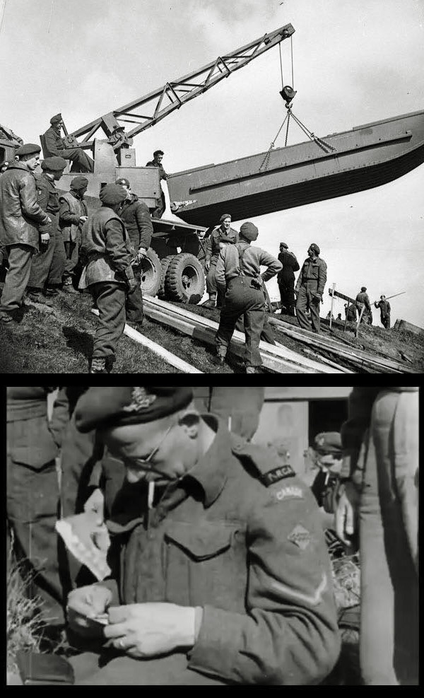 Some months ago I came across a photo of Royal Canadian Engineers (Sappers) in Europe during WWII that I'd never seen before, and located a copy on the National Archives of Canada. The description is "Personnel of the 4th Canadian Armoured Division Bridging Troop, Royal Canadian Engineers (R.C.E.), constructing a pontoon bridge across the Ems River at Meppen, Germany, 8 April 1945." I was taken completely aback. The Sapper manning the crane is my Dad!

While watching a film on the Canadian military at the end of WWII I saw a newsreel showing men waiting for transportation in Nijmegen, Holland. A fleeting glance of one face in the crowd of hundreds of men caught my eye. In this detail from the film the dark-haired guy in the background, with the cigarette hanging out of the corner on his mouth, viewed over the shoulders of several other men. It is quite literally a split second. I showed it to the family. There are no units identified but, like with the previous photo, we knew instantly that is was my Dad. View full size.