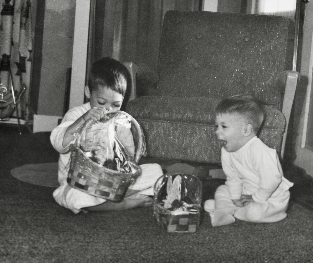 My Brother and me discovering our Easter baskets, early 1960s. I was a bit excited there. View full size.