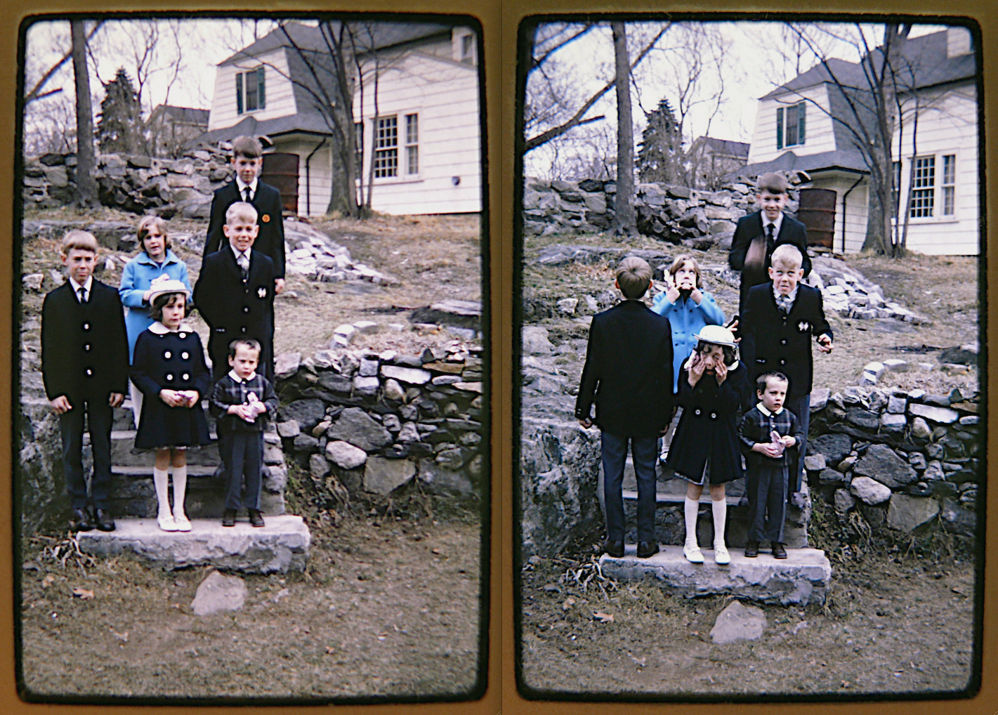 Here is a Kodachrome slide from Easter 1966, yet another backyard photo session that went awry after a few clicks. My dad never tired of taking shots and my mother never tired of directing the reluctant ensemble. At least we knew we would be rewarded with chocolate after this session. View full size.