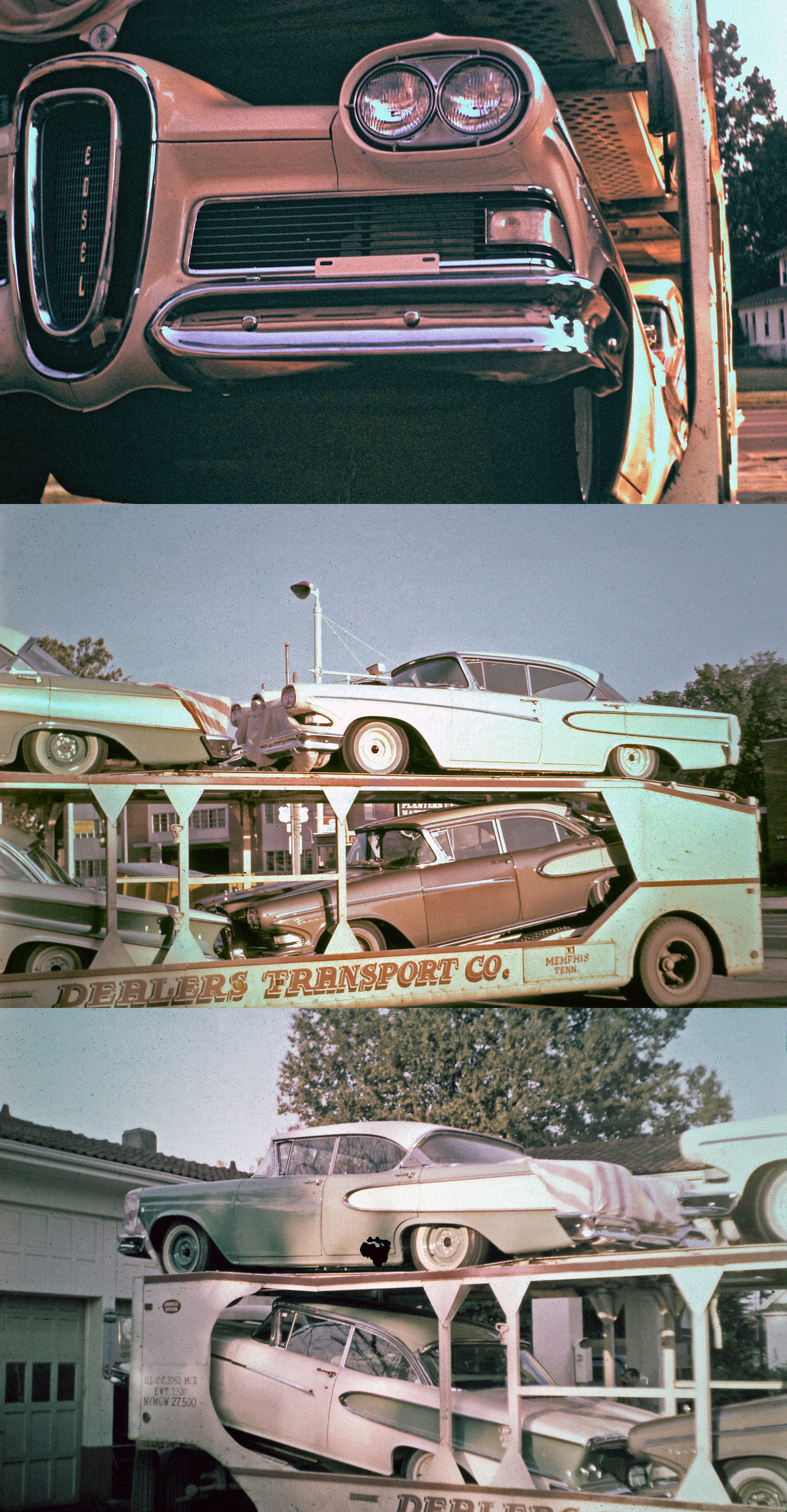 In the late-summer of 1957 my father ran across a trailer load of 1958 Edsels bound for their debut at a dealership somewhere in West Tennessee.  I found these poorly-preserved slides in the bottom of a box of old newspapers and other junk.  The ads said, "The thrill starts with the grille!"  Yeah. View full size.