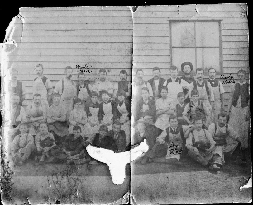 My Great Grandfather at front with his fellow workers and brothers outside of a boot makers work shop in Melbourne Australia, 1890. View full size.
