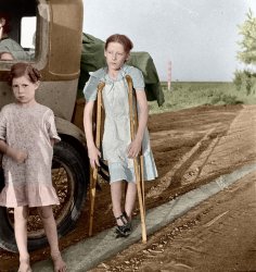Colorized, "End of the Road", from Shorpy. June 1935. "Children of Oklahoma drought refugees on highway near Bakersfield, California. Family of six; no shelter, no food, no money and almost no gasoline. The child has bone tuberculosis." Medium-format nitrate negative by Dorothea Lange for the Resettlement Administration. View full size.