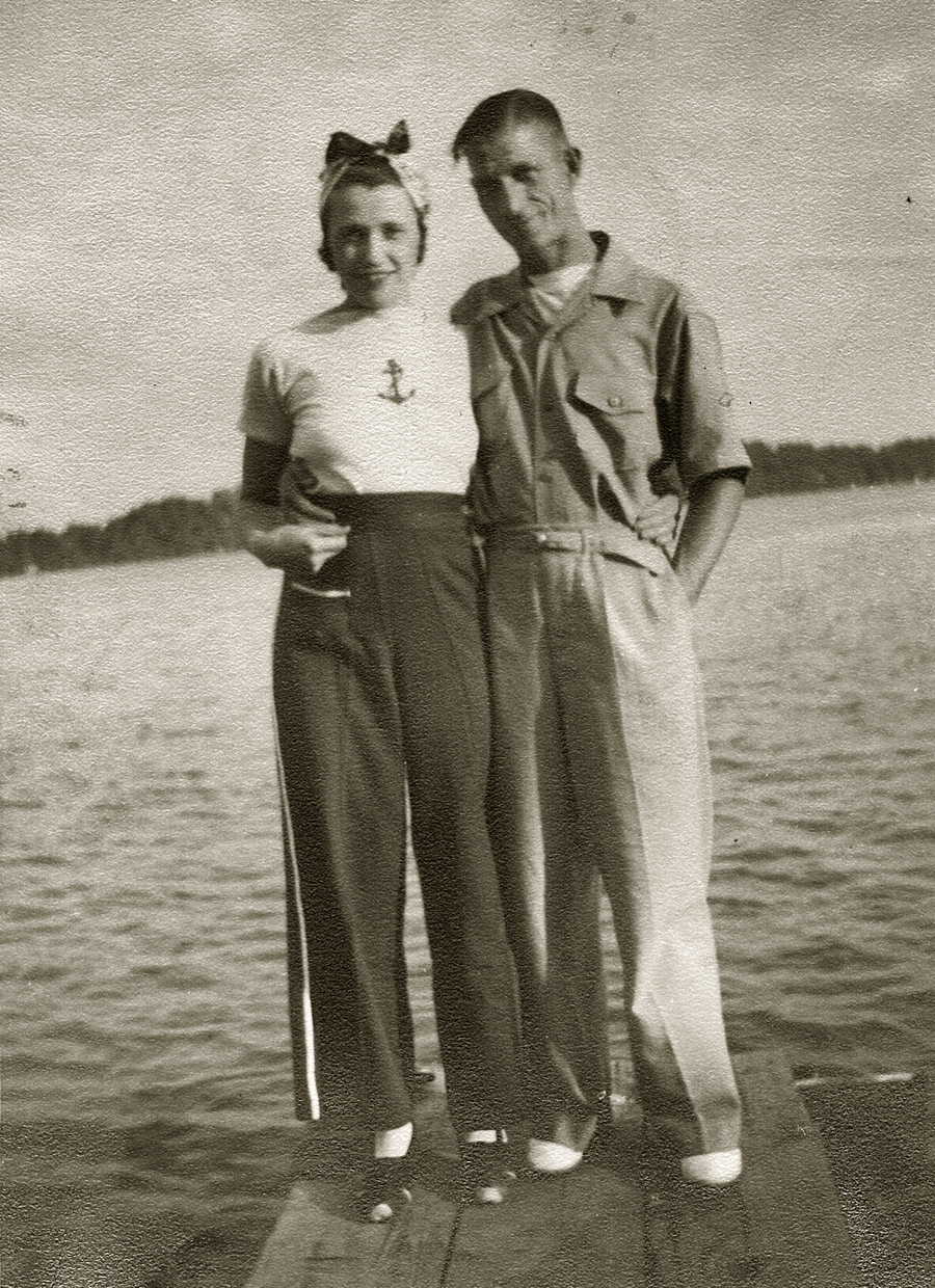 July 1940. My paternal grandparents, Esther & Eugene (Gene) Hughes, in Silver Lake, Wisconsin, two months before they were married. Just love Grandma's nautical attire.