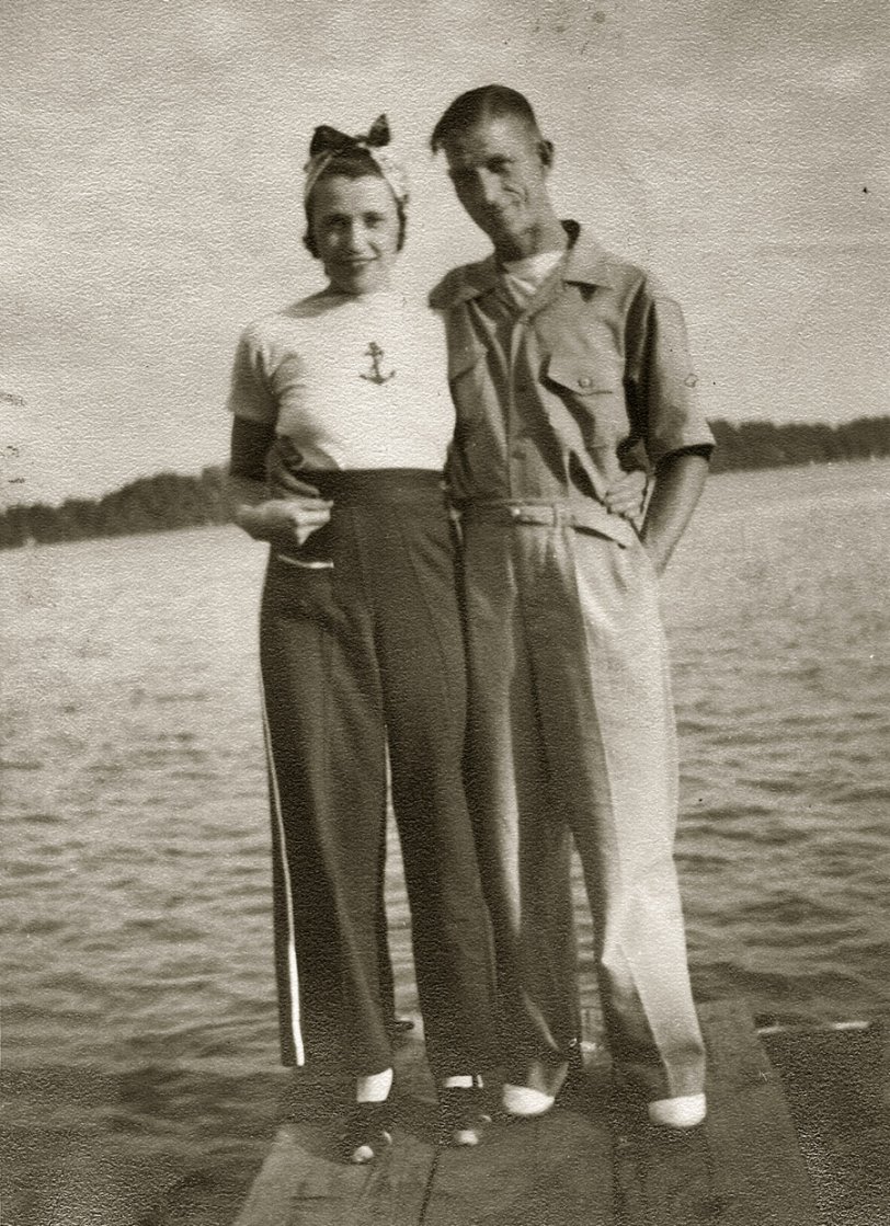 July 1940. My paternal grandparents, Esther &amp; Eugene (Gene) Hughes, in Silver Lake, Wisconsin, two months before they were married. Just love Grandma's nautical attire.
