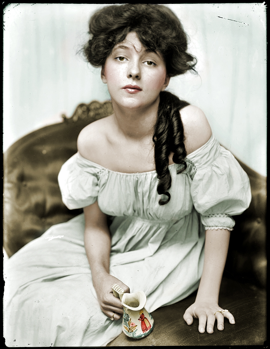 A colorized version of "Evelyn Nesbit, age 16, brought to the studio by Stanford White." New York circa 1901. View full size.