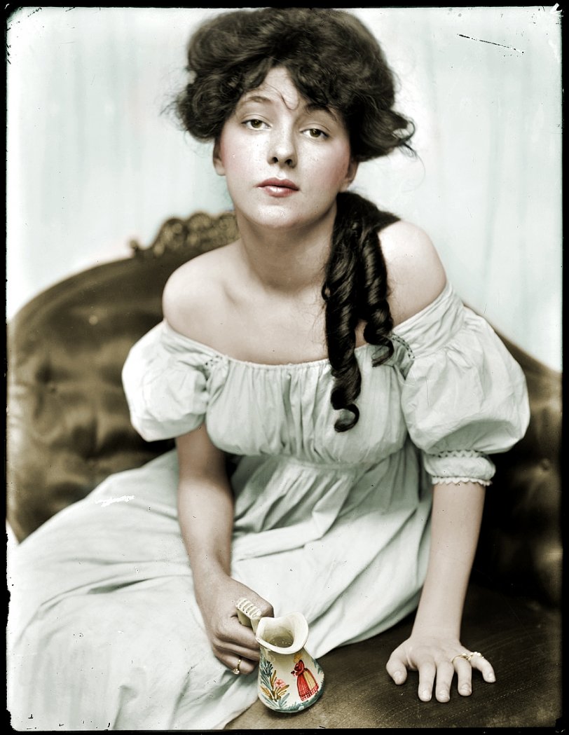 A colorized version of "Evelyn Nesbit, age 16, brought to the studio by Stanford White." New York circa 1901. View full size.
