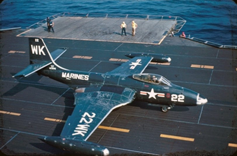 Another flight deck photo of aircraft by Ltjg Don Clark. A Marine F2H-2 Banshee of VMF-224(WK) prepares to launch from USS Franklin D. Roosevelt during a Med cruise. The squadron, the Bengals, still exist as VMFA-224 and fly's F/A-18D Hornets out of MCAS Beaufort in South Carolina. View full size.
