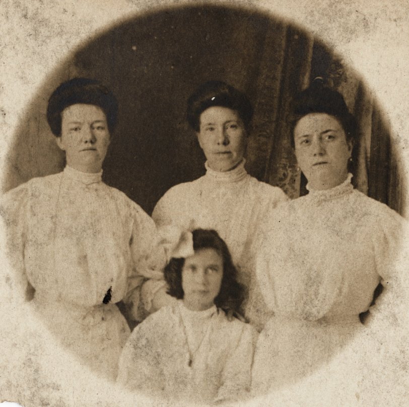 At left is my Great Grandmother, Aunt Kathryn is center and Aunt Margaret is at right. The girl is Sadie, my Great Grandmother's daughter from her first marriage. My great Grandmother was an actress in New York City. She died during childbirth when my Uncle Thomas was born. My Grandfather and Uncle Thomas were raised by their Aunts, three of whom never married. Sadie moved to upstate New York with my Great Grandmother's family. They kept in touch throughout their lives. View full size.

