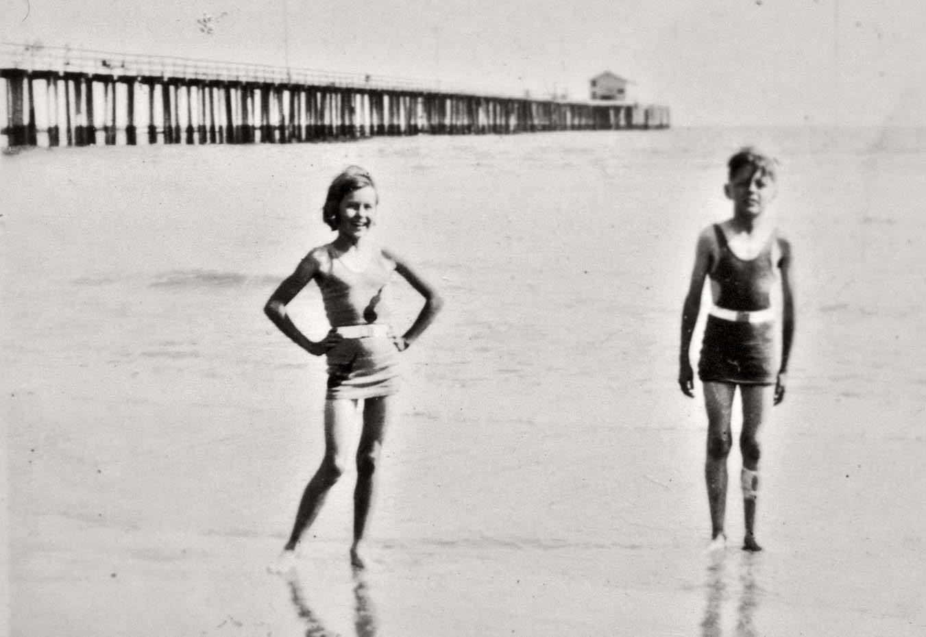 After suffering a bloody shin incident, there was still a smile ready for the camera. My aunt Margaret and father Don were frequent visitors to Avila Beach when growing up in San Luis Obispo, CA. 1933. View full size.
