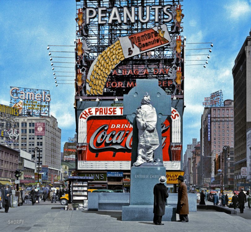 Colorized from this Shorpy original. Since the statue was dedicated on May 2nd of 1937 I could only asume this photo is a winter time scene; a cold March or April day with blue sky and blue overcast on the entire scene. View full size.
