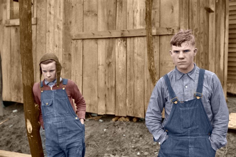 Colorized from Shorpy's files. April 1936. "Farm boys. Jackson County, Ohio." 35mm nitrate negative by Theodor Jung for the Farm Security Administration.
