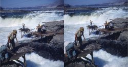 This is a 1950s Kodachrome stereo slide I bought some years ago, similar to the recent photo of Native Americans fishing in Oregon. Free viewing to see the 3D isn't difficult and worth doing to get the sense of action. This lot also included stereo slides of Glen Canyon dam under construction.
