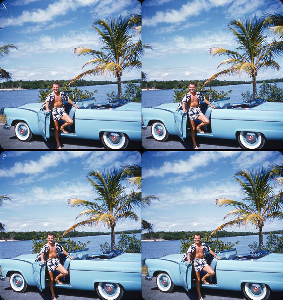 During the 1950s it was common to pose for a photo with your new car. This 3-D slide shows a young man with his new 1955 Ford. View full size.
