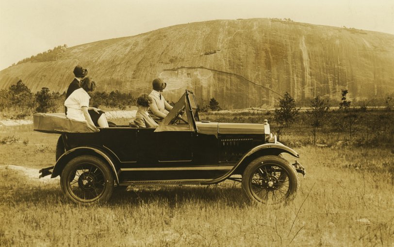 Stone Mountain, Georgia, May 25, 1926. Ford Motor Company publicity still; my grandmother (front passenger seat)) and aunt were in the pictures. Look how little progress had been made on the memorial at the time! View full size.
