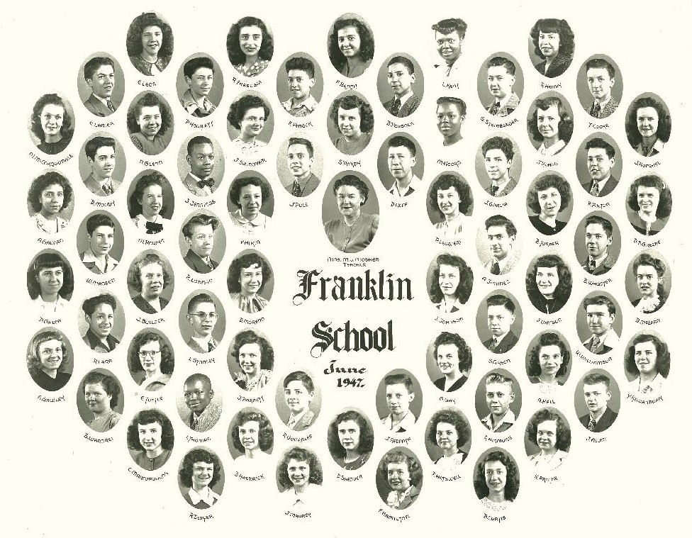 Franklin Elementary School eighth grade graduation photograph, Detroit, Michigan, June 1947. Note all of the different nationalities and ethnic groups among the students. I walked a mile each way to school from East Vernor Hwy. and Woodward Ave. View full size.