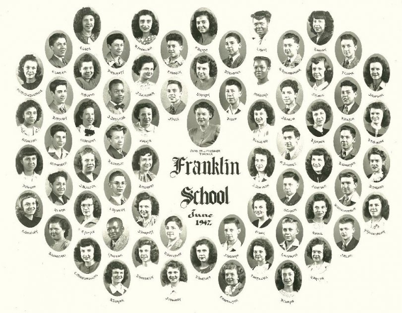 Franklin Elementary School eighth grade graduation photograph, Detroit, Michigan, June 1947. Note all of the different nationalities and ethnic groups among the students. I walked a mile each way to school from East Vernor Hwy. and Woodward Ave. View full size.
