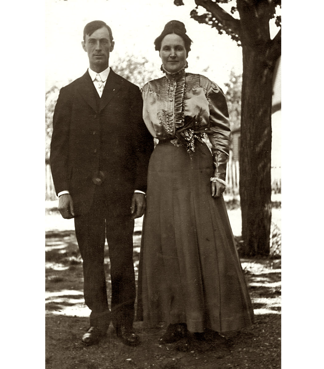 Fred Carpenter and his wife, Nell (Pickering) Carpenter, in their finery on their wedding day, 1909. Family history has it they spent the scandalous amount of $13.10 on their week-long wedding trip! Fred was from Surry, NH; Nell was from nearby Gilsum. They settled in Keene.